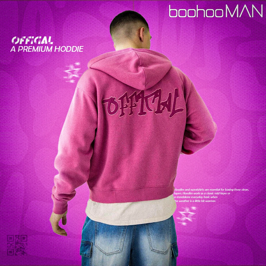 Fashion campaign graphic featuring bold typography and a styled apparel portrait